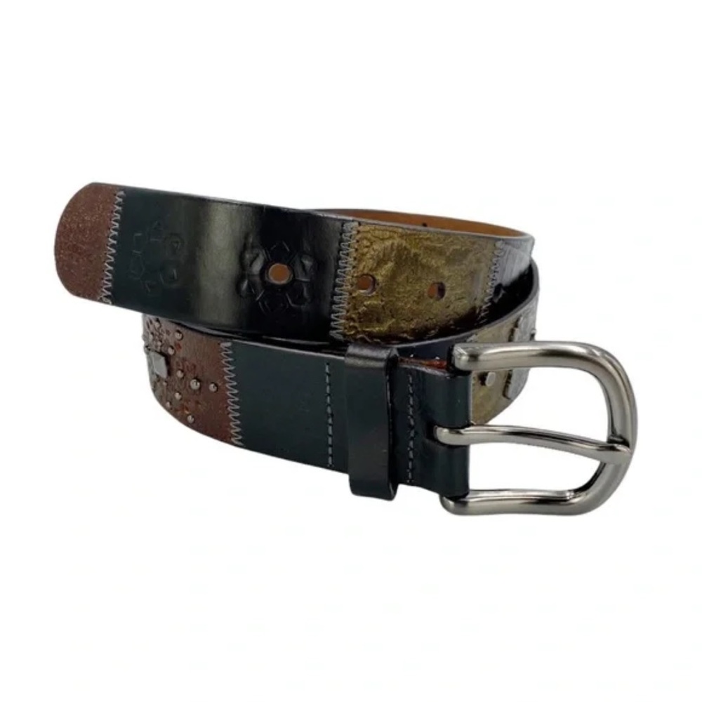 Leather Patchwork Embossed Studded Concho Belt Pe… - image 1